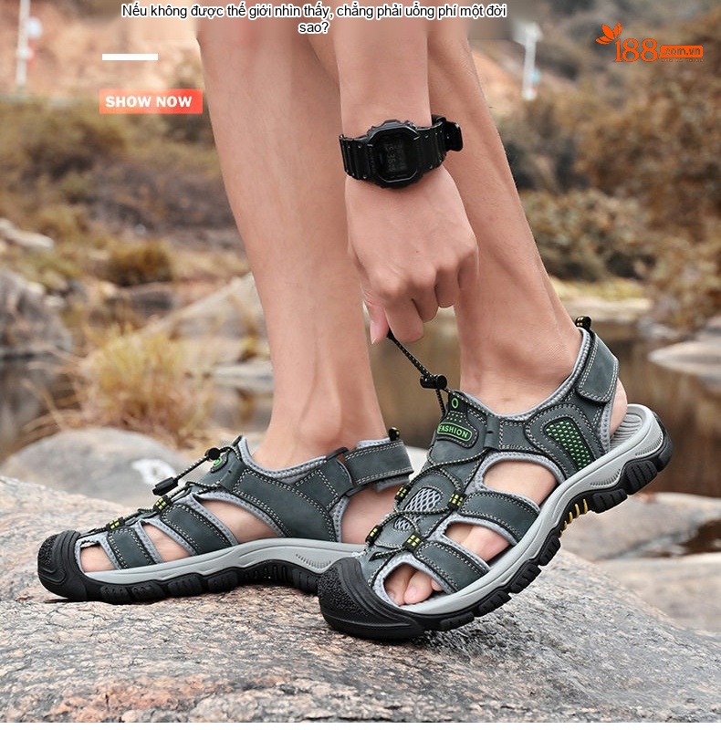 Sandal Nam Da Bò Mũi Bọc Dây Rút Thể Thao Thoáng Khí Đế Cao 3cm chi tiết 17