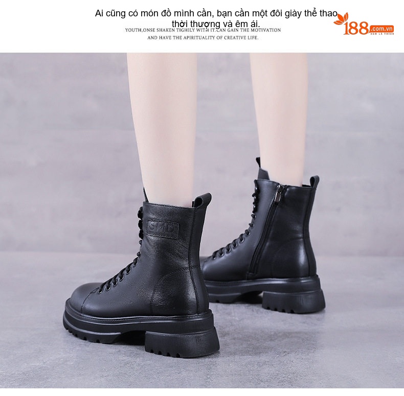 Boot Nữ Da Bò Cổ Ngắn Dây Buộc Chiều Cao Đế Khoảng 5cm Màu Nâu, Đen chi tiết 9