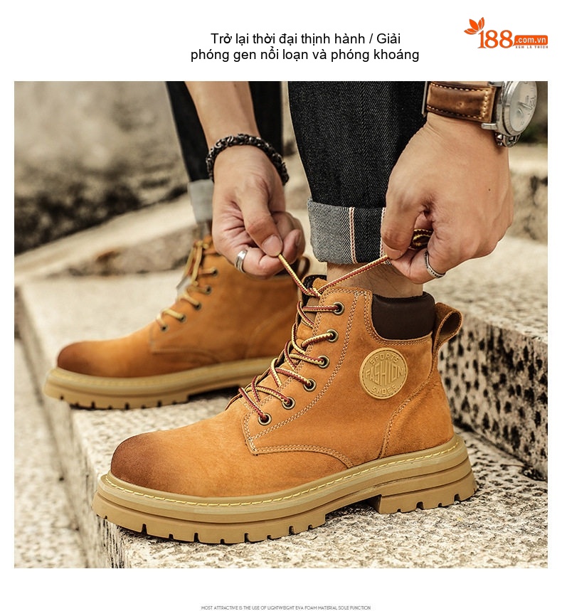 Giày Boot Cổ Cao Da Mờ Đế Dày Màu Vàng Bò Gót 5 cm chi tiết 11