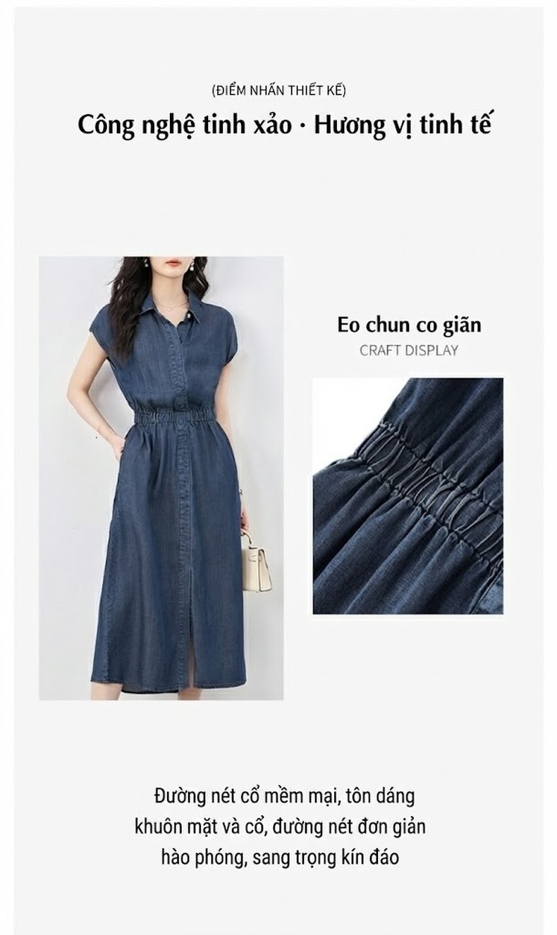 Váy Jean Thiên Sứ Nữ Dáng Suông Cổ Bẻ Tay Cộc Phong Cách Hàn Quốc Màu Xanh Jean chi tiết 4