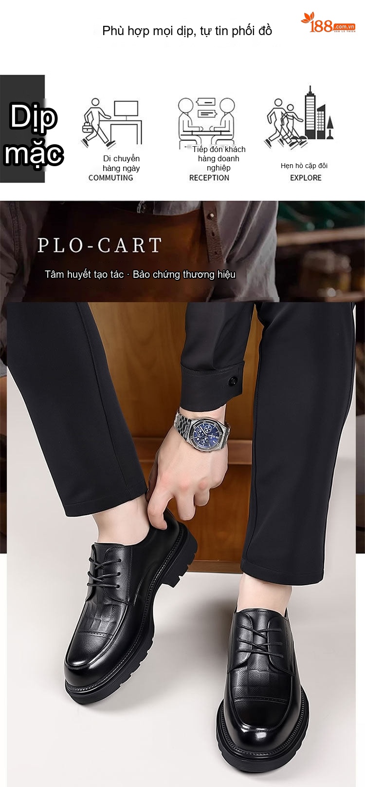 Giày Tây Buộc Dây Nam Da Bò Cao Cấp Chiều Cao Đế Khoảng 3cm Màu Đen chi tiết 3