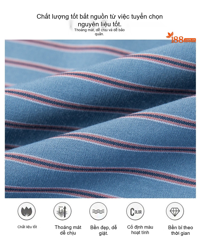 Áo Sơ Mi Nam Cotton Sọc Ngắn Tay Form Rộng Chống Nhăn Màu Be, Xanh Dương, Xanh Lá, Xám... chi tiết 3