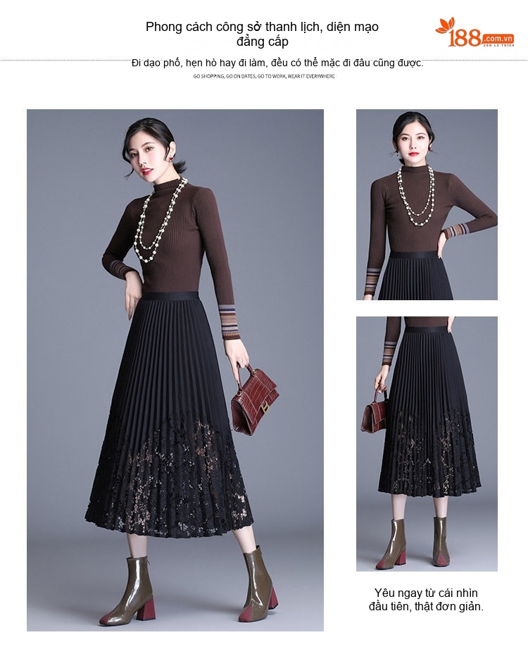 Chân Váy Midi Xếp Ly Ren Lưới Phong Cách Hàn Quốc Màu Đen chi tiết 7
