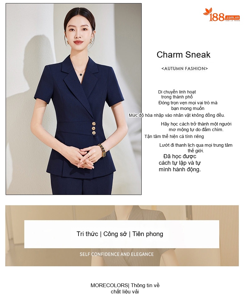 Bộ Vest Công Sở Nữ Tay Ngắn Màu Xanh Navy, Xám, Kem chi tiết 3