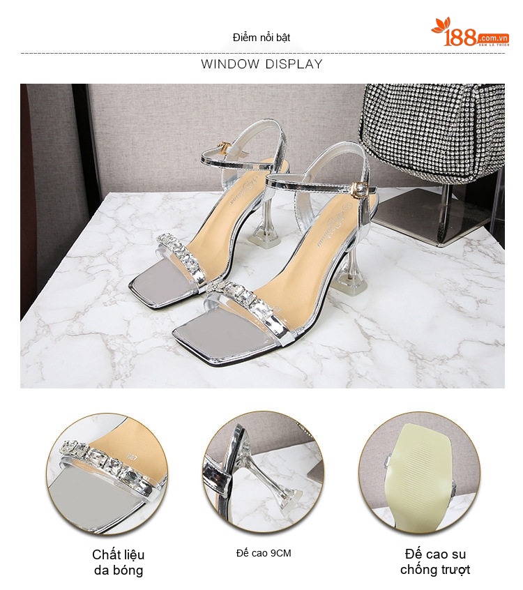 Giày Sandal Cao Gót Nữ Quai Mảnh Đính Đá Gót Cao 8cm Màu Đỏ, Trắng, Hồng, Xanh Dương... chi tiết 4
