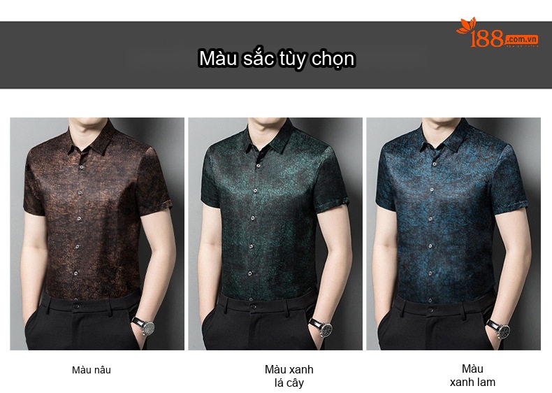 Áo Sơ Mi Nam Tay Ngắn Lụa Tơ Tằm Họa Tiết Thời Trang Trung Niên Màu Xanh, Nâu, Xanh Lá... chi tiết 3