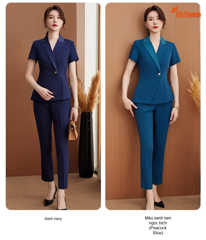 Bộ Vest Công Sở Nữ Tay Ngắn Quần/Chân Váy Màu Xanh Navy, Xám, Đen chi tiết 8
