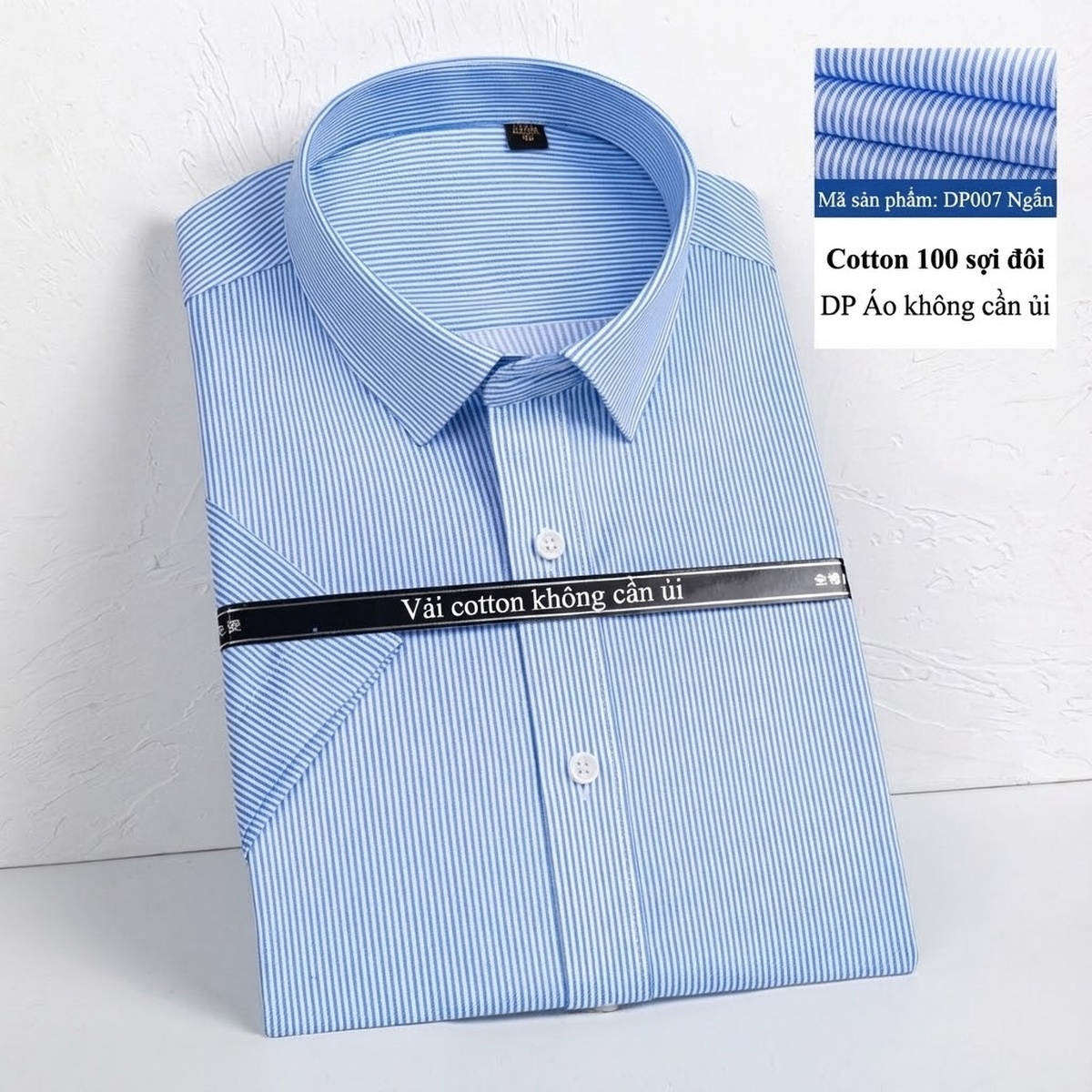 Áo Sơ Mi Nam Tay Ngắn Cotton Dáng Ôm Chống Nhăn Màu Xanh, Trắng chi tiết 7