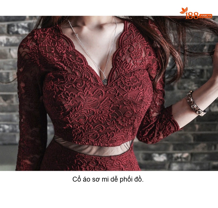 Váy Ôm Body Ren Lưới Hở Eo Cổ chữ V Tay Lỡ Màu Đỏ Rượu Vang chi tiết 32