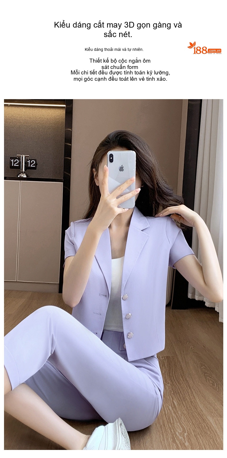 Bộ Vest Công Sở Nữ Tay Ngắn Quần Dài Thanh Lịch Màu Xanh Lá, Tím chi tiết 3