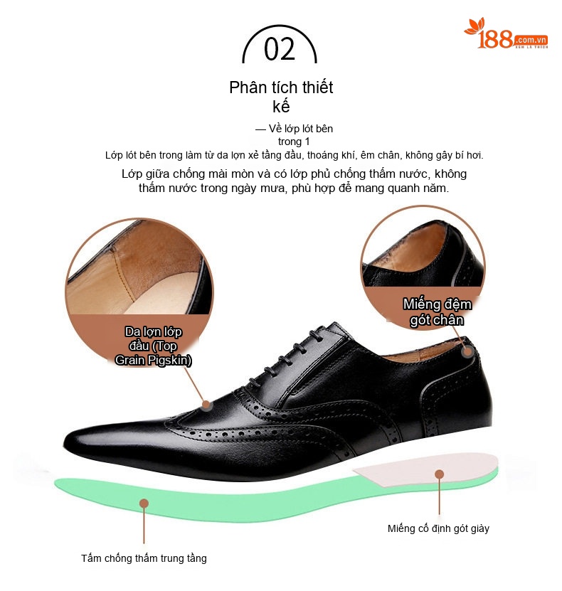 Giày Tây Buộc Dây Nam Da Bò Brogue Chiều Cao Đế Khoảng 3cm Màu Đen, Nâu chi tiết 4