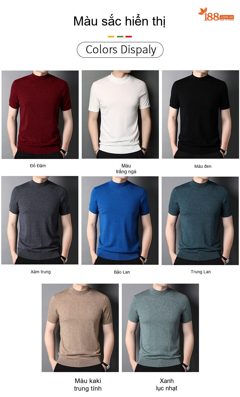 Áo Thun Nam Tay Ngắn Cổ Lọ Dệt Kim Wool 100% Thời Trang Trung Niên Màu Xám, Đỏ, Đen, Nâu... chi tiết 3