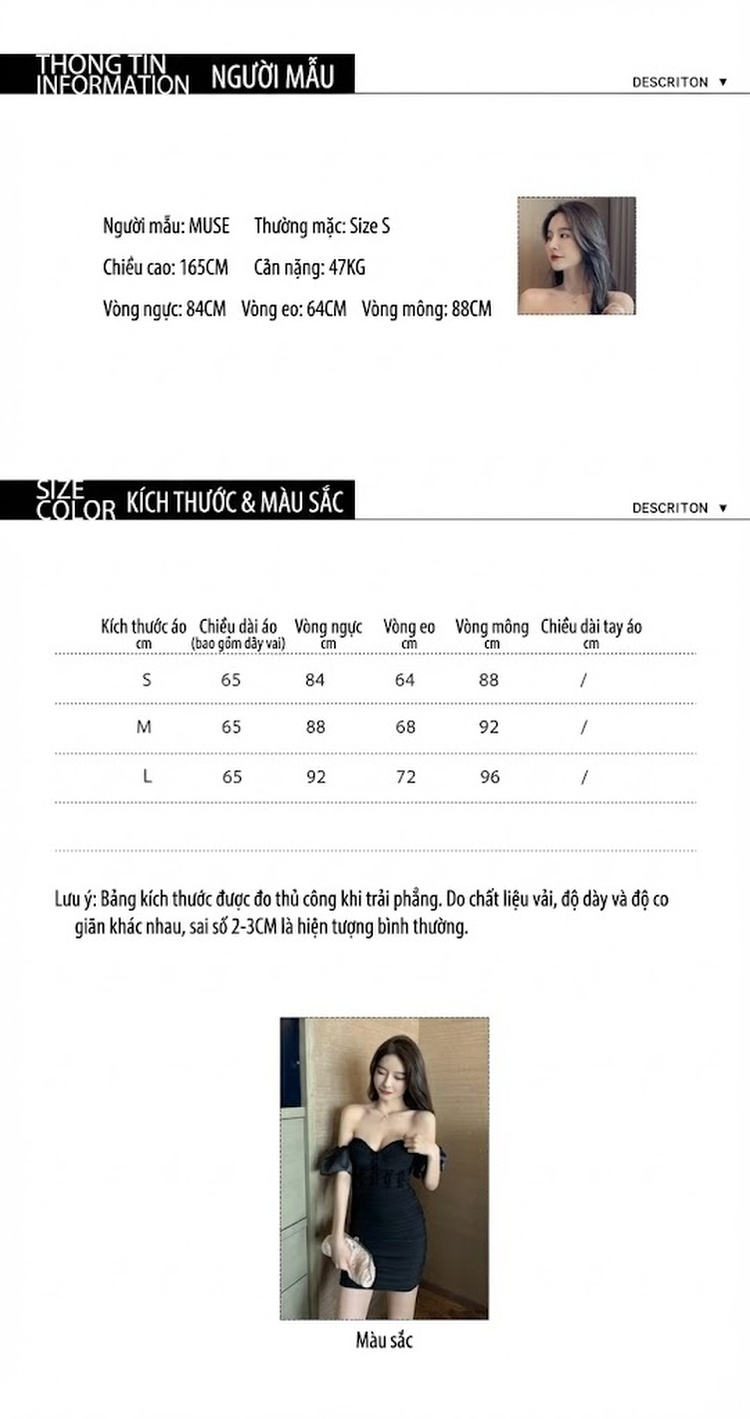 Váy Ôm Body Hở Vai Cổ Chữ U Tay Bồng Xẻ Lưng Dáng Ngắn Màu Đen chi tiết 4