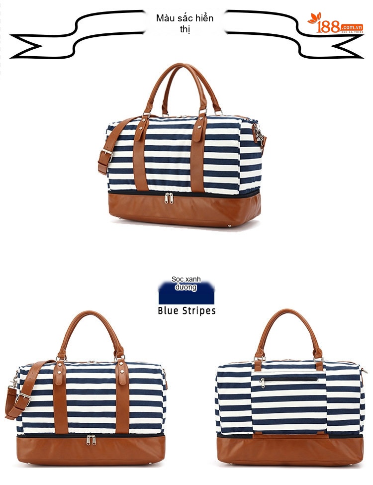 Túi Du Lịch Vải Canvas Chống Nước, Túi Xách Tay, Túi Tập Gym Màu Sọc Xanh Navy, Trắng chi tiết 5