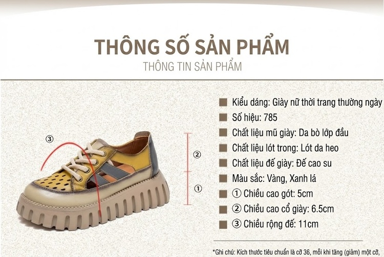 Dép Sandal Nữ Da Bò Quai Dây Đế Bánh Mì Đế Cao 4cm - 5cm Màu Vàng, Xanh, Nâu chi tiết 2