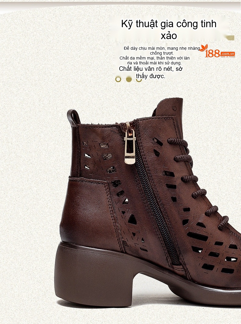 Boot Nữ Cao Cổ Da Bò Thoải Mái Phong Cách La Mã, Giày Nữ Cổ Điển Chiều Cao Đế Khoảng 5cm Màu Nâu, Đen chi tiết 4