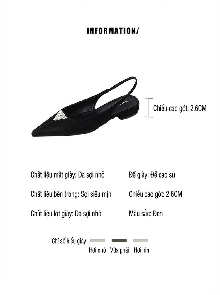 Giày Búp Bê Nữ Mũi Nhọn Hở Gót Đính Đá Chiều Cao Đế Khoảng 2cm Màu Đen chi tiết 2