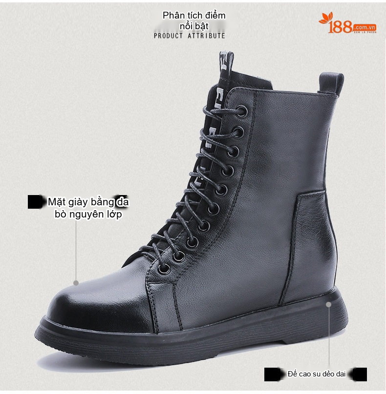 Giày Boot Martin Nữ Da Bò Lót Lông Chiều Cao Đế Khoảng 4cm Phong Cách Anh Quốc Màu Đen chi tiết 3