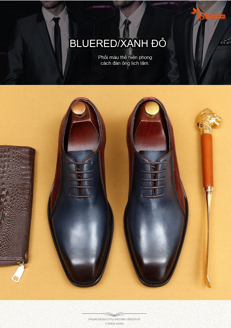 Giày Tây Oxford Nam Da Bóng Phối Màu Chiều Cao Đế Khoảng 3cm Màu Xanh Navy, Đỏ chi tiết 3