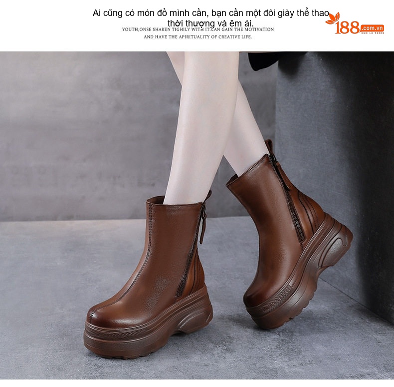 Boot Martin Nữ Da Bò Đế Dày Hai Khóa Kéo Phong Cách Anh Chiều Cao Đế Khoảng 5cm Màu Đen, Nâu chi tiết 9
