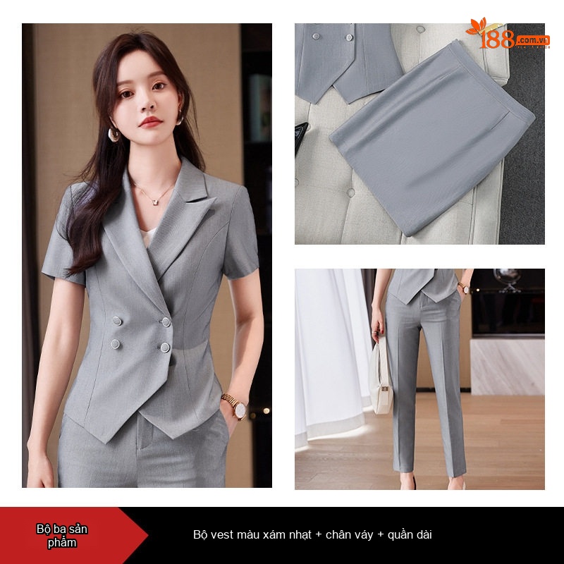 Bộ Vest Công Sở Nữ Tay Ngắn Quần Dài Màu Đen, Xám