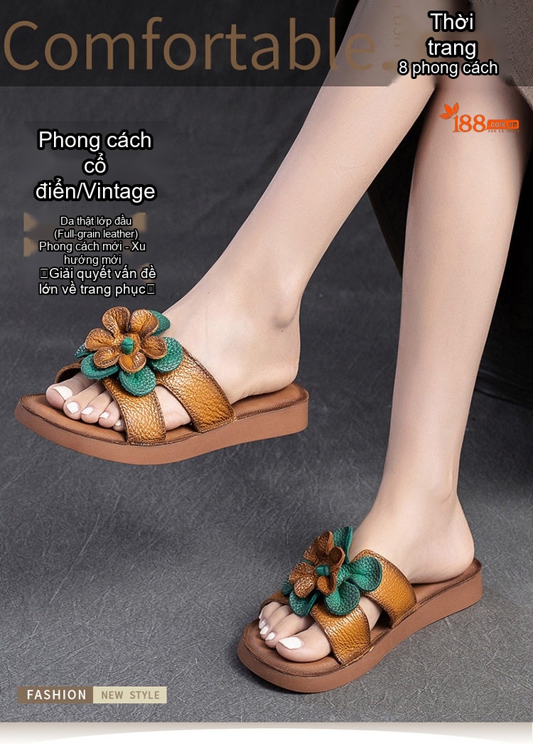 Dép Quai Ngang Nữ Da Bò Trang Trí Hoa Chiều Cao Đế Khoảng 2cm Màu Nâu, Trắng chi tiết 1