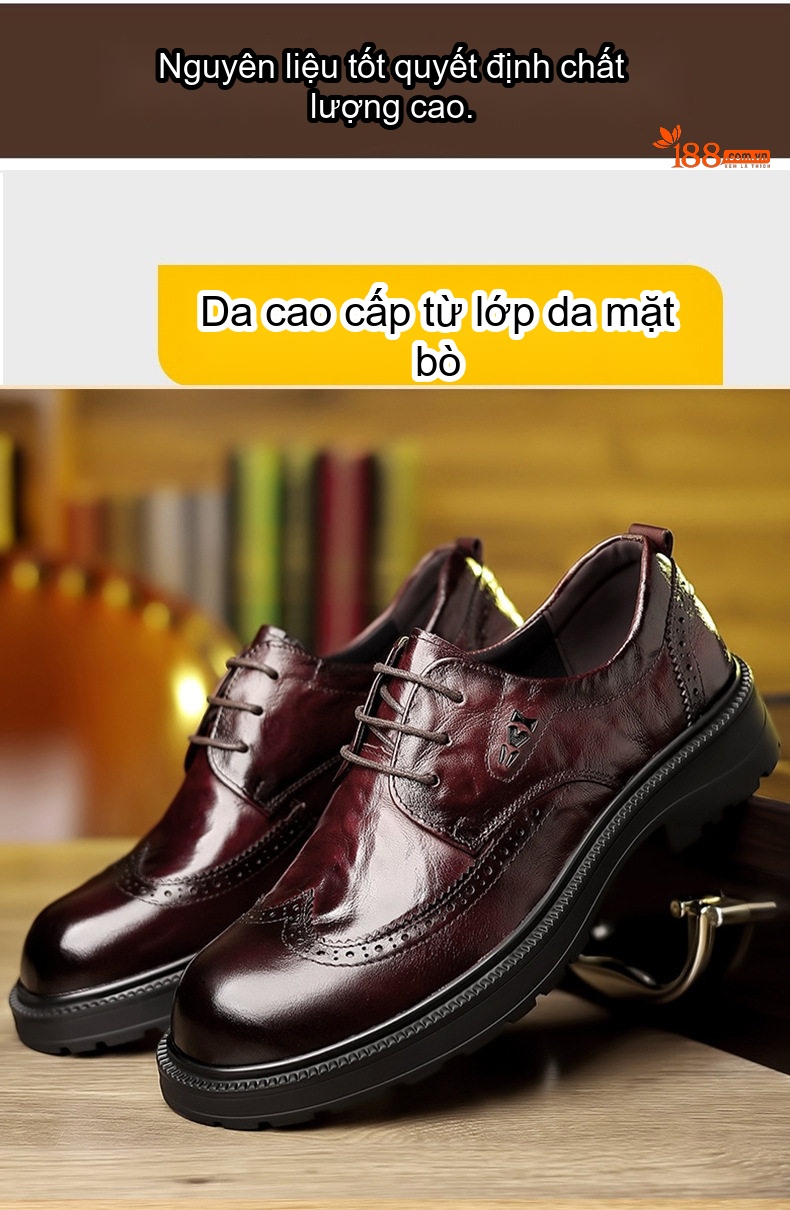 Giày Tây Buộc Dây Nam Da Bò Mềm Chiều Cao Đế Khoảng 3cm Màu Đen, Đỏ Rượu chi tiết 8