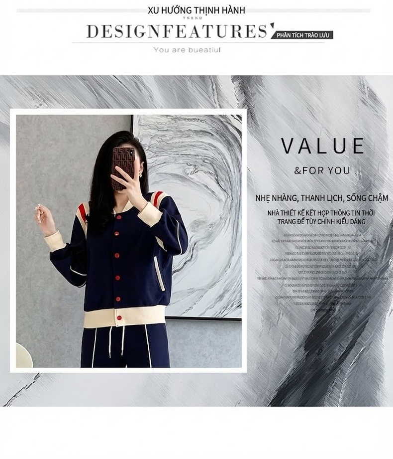Set Bộ Thể Thao Nữ Áo Khoác Bomber Quần Dài Phong Cách Cá Tính Màu Xanh Navy chi tiết 2