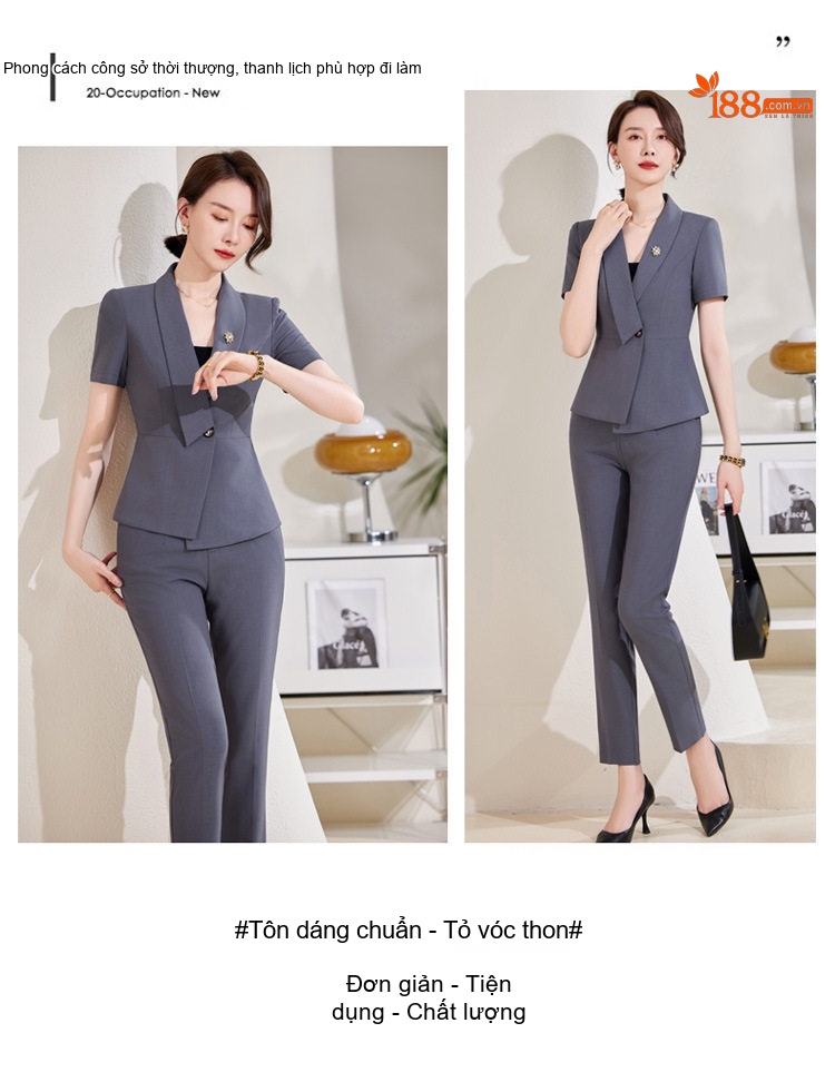 Bộ Vest Công Sở Nữ Tay Ngắn Dáng Lệch Màu Xám, Đen chi tiết 19