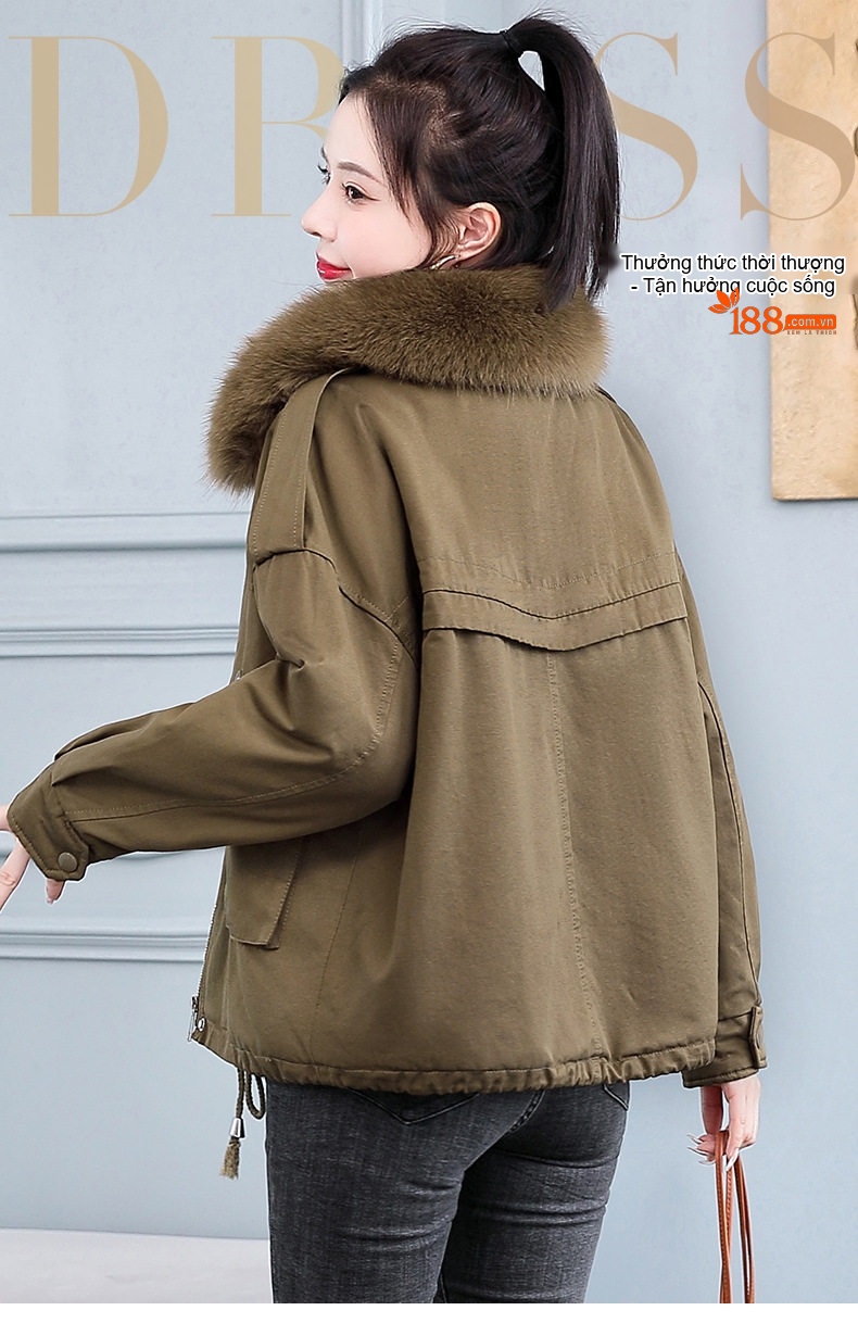 Áo Khoác Cotton Nữ Dáng Ngắn Lót Lông Cổ Lông Màu Đen, Xanh Rêu chi tiết 1