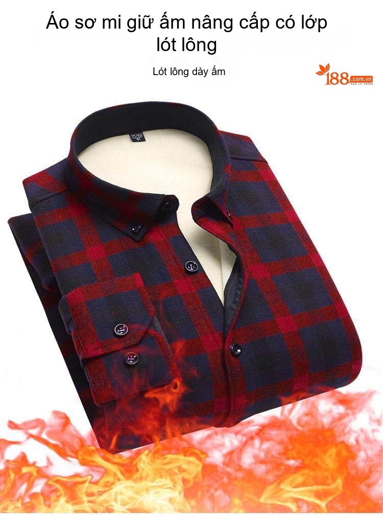 Áo Sơ Mi Nam Cotton Dài Tay Lót Lông Cổ Điển Chống Nhăn Màu Xanh Navy, Xám, Đỏ, Xanh Lá... chi tiết 5