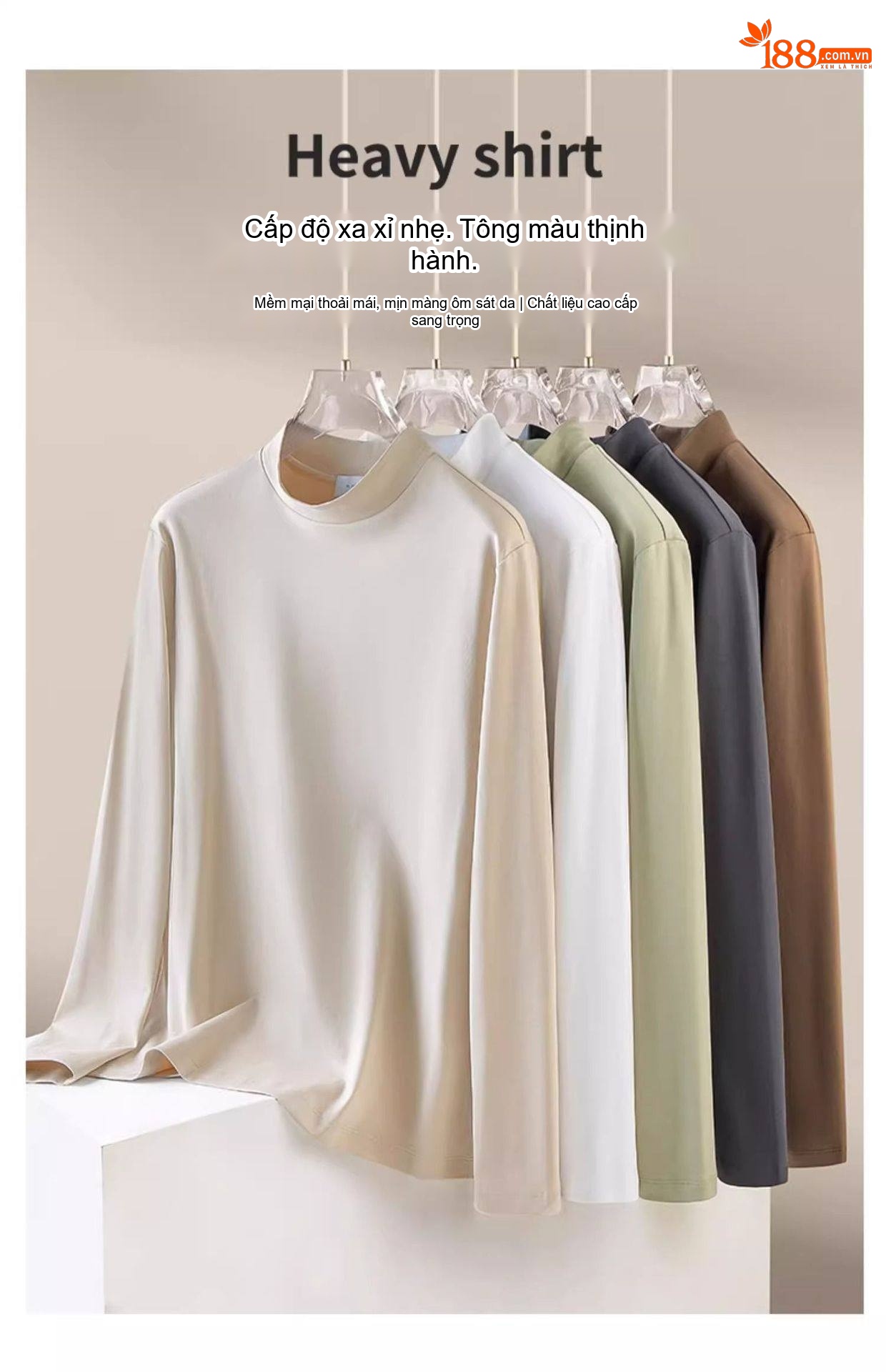 Áo Thun Dài Tay Nam Cổ Lọ Vải Cotton Thoáng Khí Giữ Ấm Mùa Thu Đông Màu Đen, Trắng, Nâu, Xám... chi tiết 18