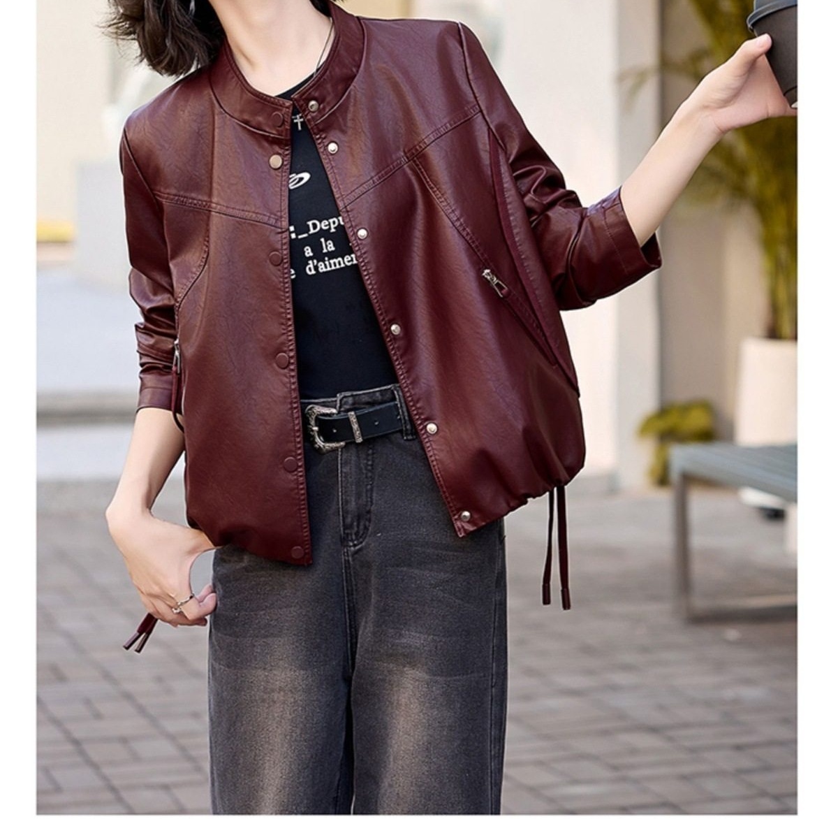 Áo Khoác Bomber Nữ Da PU Dáng Ngắn Thời Trang Màu Đen, Đỏ Rượu chi tiết 23