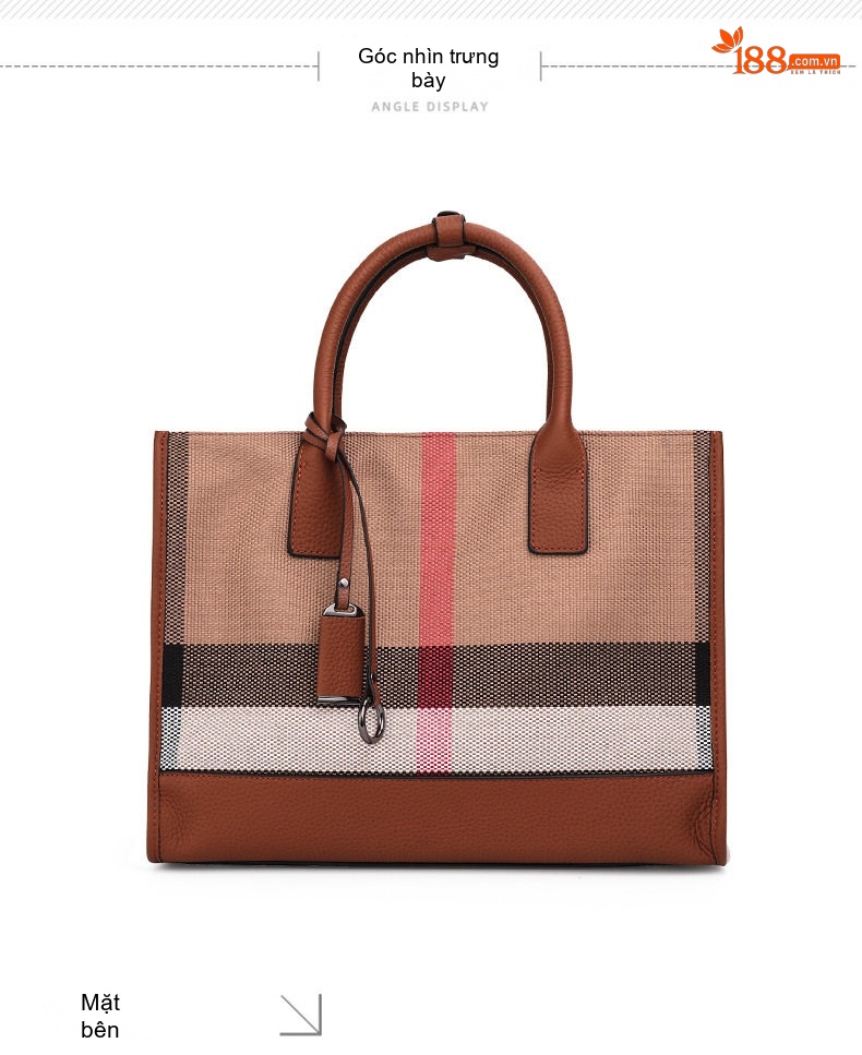 Túi Tote Nữ Vải Canvas Họa Tiết Kẻ Ô Cao Cấp Phối Da Màu Nâu chi tiết 10