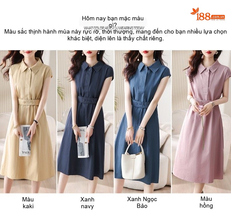 Váy Sơ Mi Polo Tay Ngắn dáng chữ A Nữ Tính Thắt Eo Màu Hồng, Xanh Navy, Vàng Be, Xanh Dương chi tiết 3