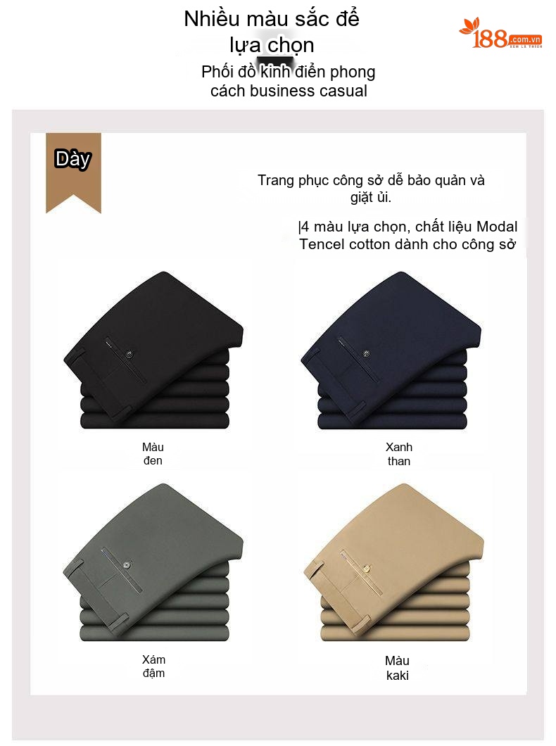 Quần Tây Nam Ống Đứng Modal Dáng Rộng Thoải Mái Phong Cách Doanh Nhân Màu Đen, Xám, Kem, Xanh Navy chi tiết 6