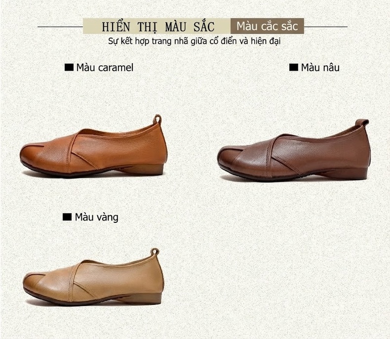 Giày Búp Bê Nữ Thiết Kế Cổ Điển Chiều Cao Đế Khoảng 1cm Màu Nâu, Vàng chi tiết 2