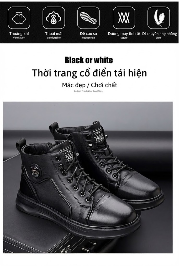 Giày Boot Nam Cao Cổ Da Thật Lót Lông Chiều Cao Đế Khoảng 3cm Màu Đen chi tiết 3