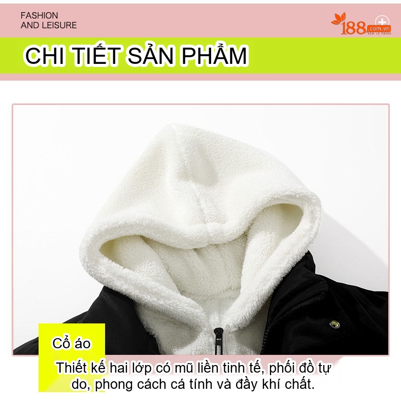 Áo Khoác Bông Nam Nữ Dáng Rộng Mũ Trùm Đầu Lông Cừu Non Màu Trắng, Xanh, Hồng, Đen... chi tiết 15