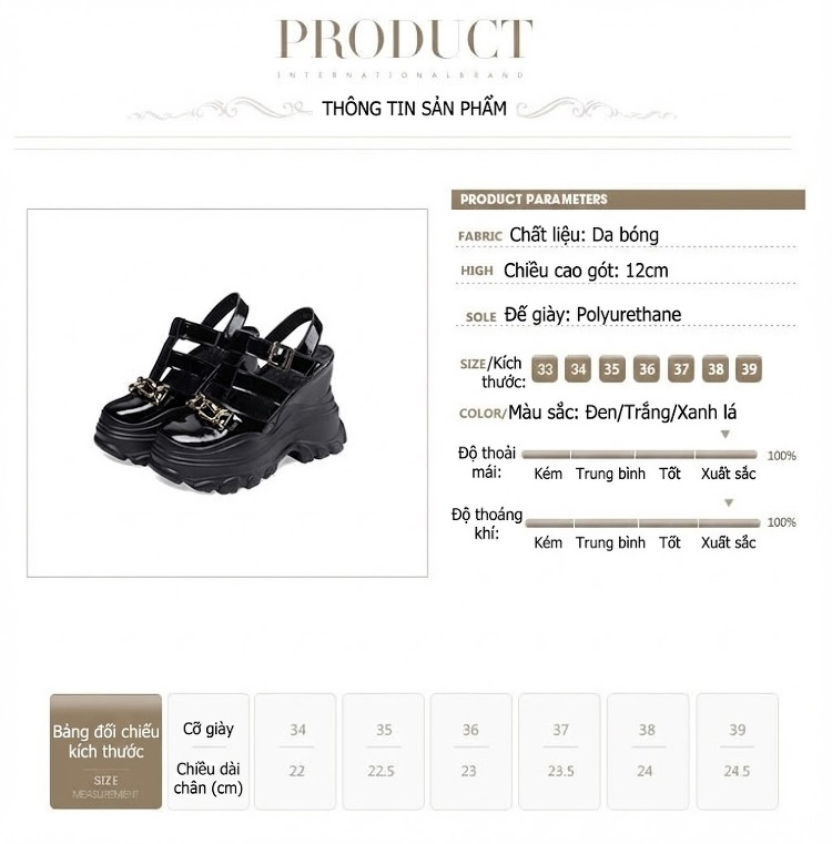 Giày Sandal Cao Gót Nữ Bít Mũi Da Bóng Đế Xuồng Gót Cao 12cm Màu Đen, Xanh Lá, Trắng chi tiết 2