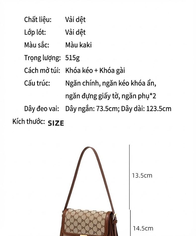 Túi Đeo Chéo Nữ Vải Canvas Phối Da Bóng Cao Cấp, Túi Đeo Vai Nhỏ Nhắn Màu Nâu, Be chi tiết 3