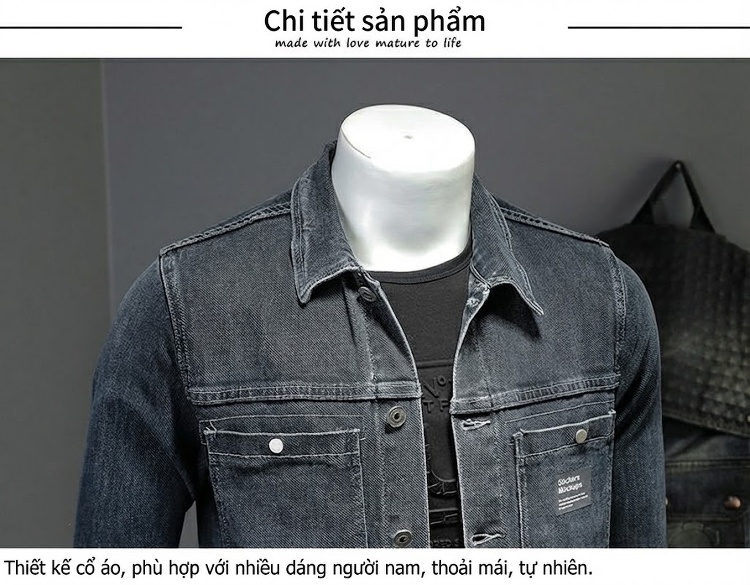 Áo Khoác Jean Nam Dáng Suông Co Giãn Màu Xanh Xám chi tiết 9