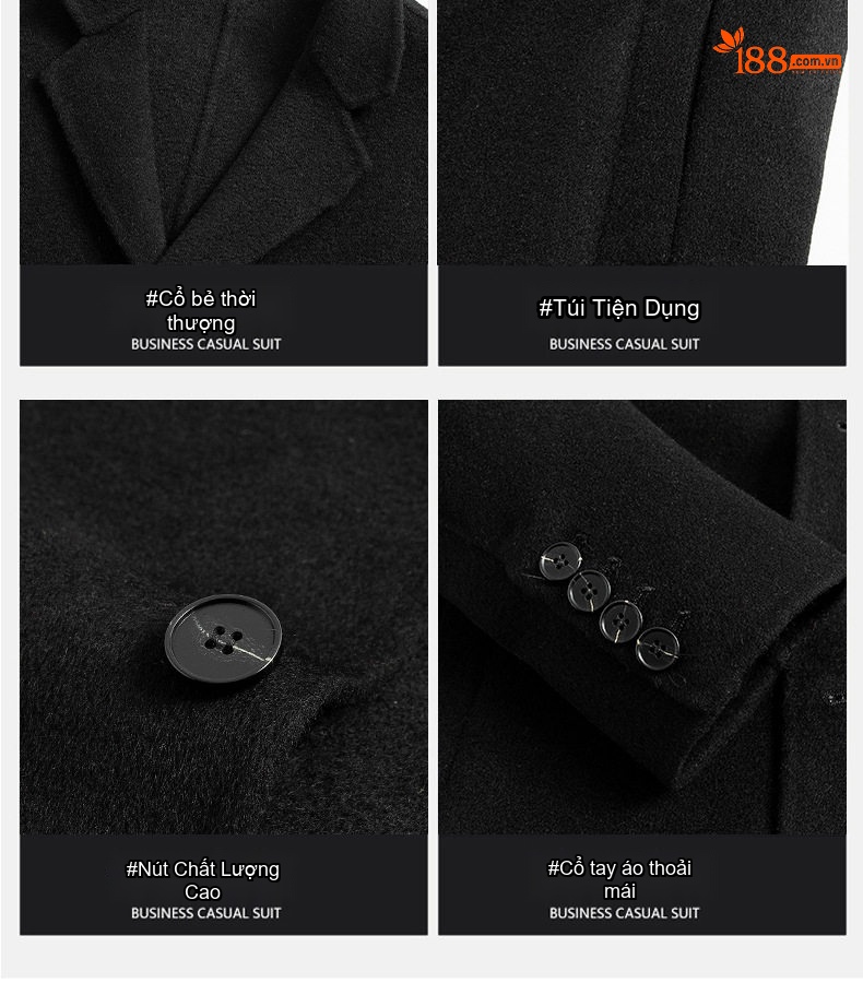 Áo Khoác Dạ Nam 100% Lông Cừu Hai Mặt Cổ chữ Vest Công Sở Thanh Lịch Màu Đen chi tiết 7
