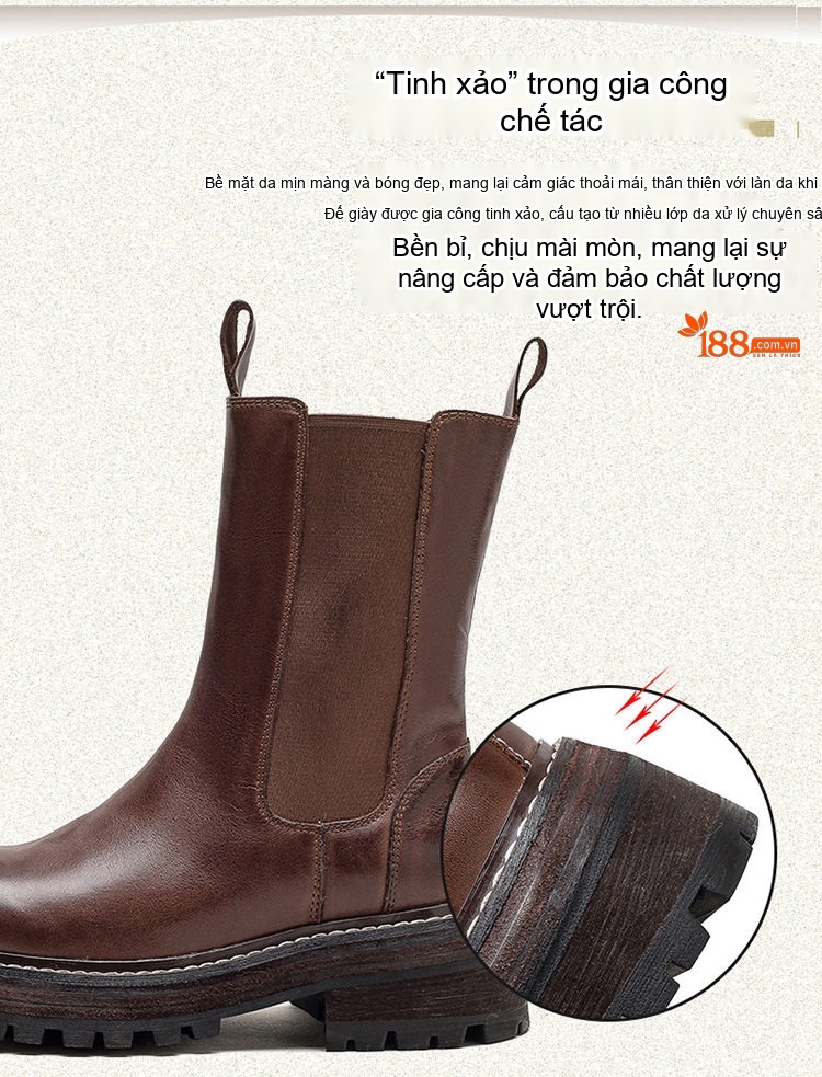 Boot Nữ Cổ Lửng Da Bò Đế Dày Phong Cách Retro Chiều Cao Đế Khoảng 5cm Màu Đen, Nâu chi tiết 2