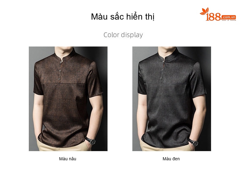 Áo Thun Nam Tay Ngắn Lụa Tơ Tằm Cổ Trụ Form Rộng Trung Niên Màu Nâu, Xám chi tiết 7