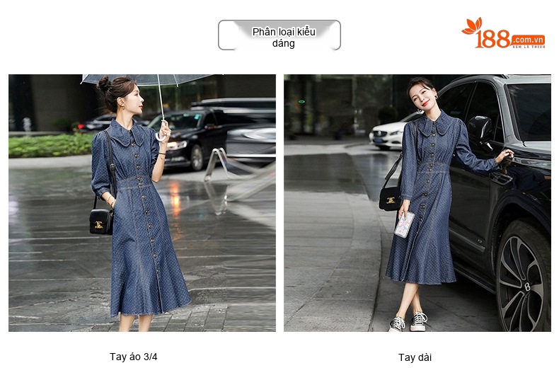 Váy Dài Nữ Tay Lỡ Cổ Bẻ Họa Tiết Chấm Bi Phong Cách Âu Mỹ Thanh Lịch chi tiết 10
