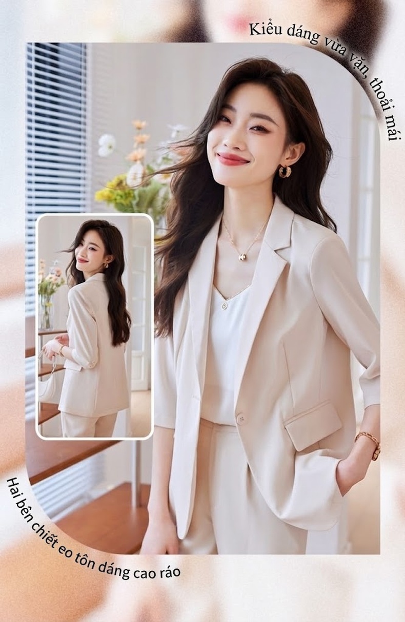 Áo Vest Blazer Nữ Tay Lỡ Dáng Ôm Vừa Vặn Phong Cách Hàn Quốc Màu Hồng, Kem, Xanh, Đen chi tiết 7