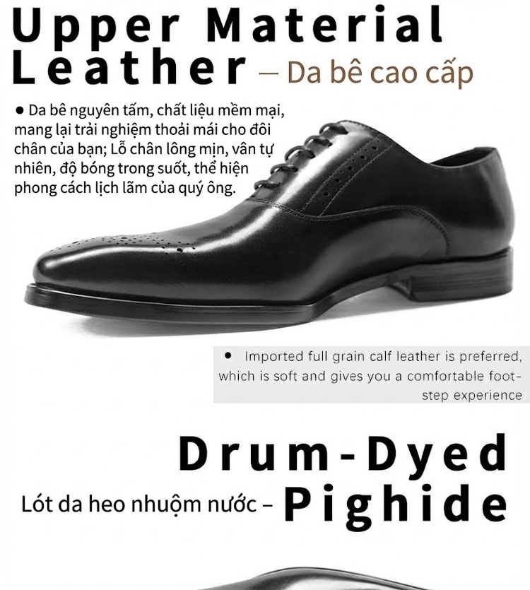 Giày Tây Buộc Dây Nam Da Bò Mũi Nhọn Brogue Chiều Cao Đế Khoảng 3cm Màu Đen, Đỏ Rượu chi tiết 4