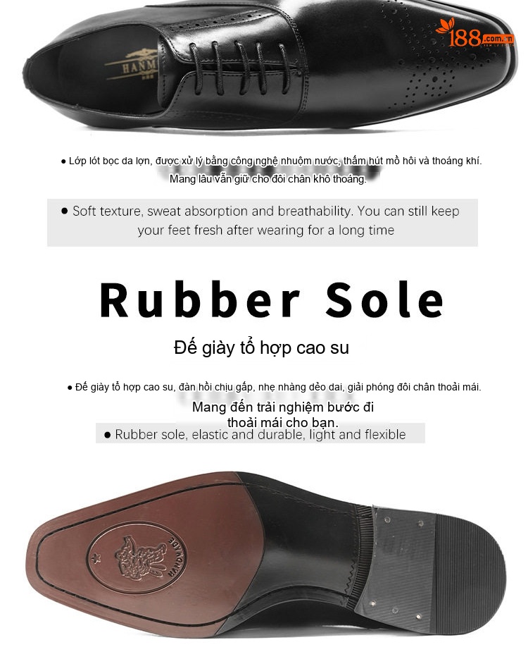 Giày Tây Buộc Dây Nam Da Bò Mũi Nhọn Brogue Chiều Cao Đế Khoảng 3cm Màu Đen, Đỏ Rượu chi tiết 5