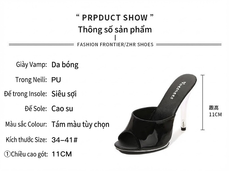 Dép Gót Nhọn Nữ Da Bóng Hở Mũi Chiều Cao Đế 11cm Màu Đen, Đỏ, Da Báo, Xanh... chi tiết 2